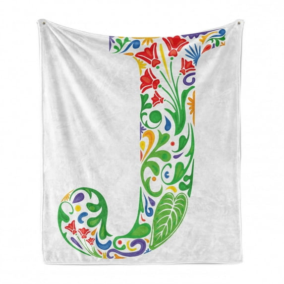 Letter J Soft Flannel Fleece Blanket, Initial Capital J with Tropical Nature Elements Leaves and Flowers Abstract Swirls, Cozy Plush for Indoor and Outdoor Use, 60" x 80", Multicolor, by Ambesonne
