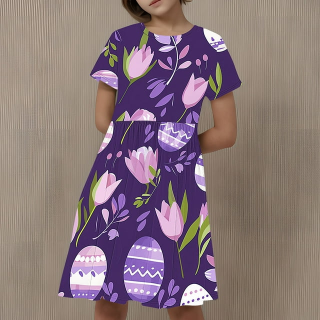 LOVZFMLL Robe à Manches Courtes Imprimée Mode Enfant 3-12 Ans Col Rond