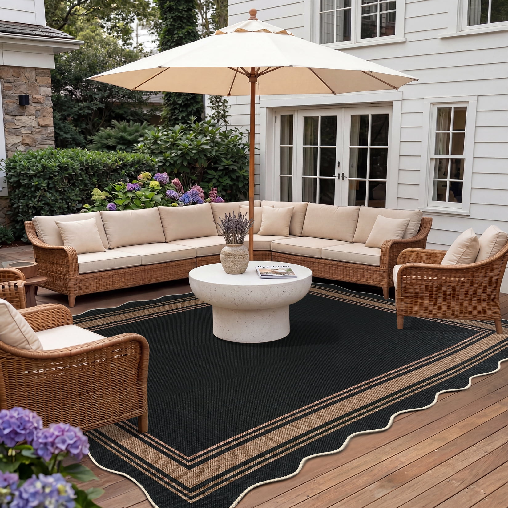 Garvee 5'x7' Scalloped Washable Indoor Outdoor Rug Natural Jute Carpet, Non Slip Low Pile Rug for Patio, Living Room, Bedroom, Home Decor, Black Coffee
