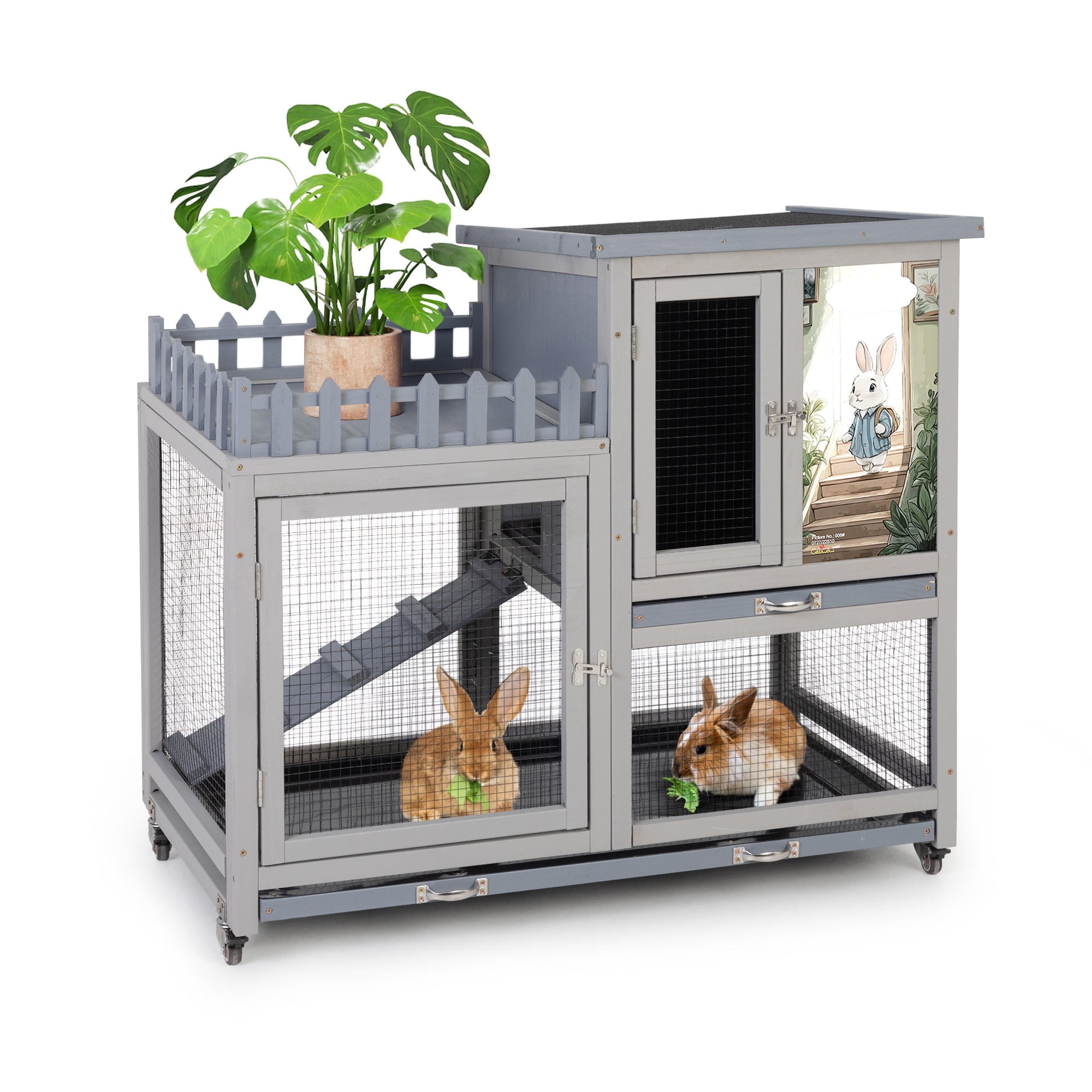 Coziwow Wooden 38inches Rabbit Hutch Bunny Cage Small Animal House with Wheels Indoor&Outdoor, Gray