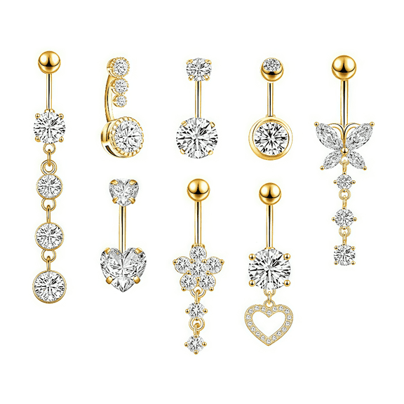 WuPing Belly Button Ring, 14G Hypoallergenic Surgical Steel Gold Belly Button Jewelry with Sparkling Crystals & Flowers, 8-Piece Set