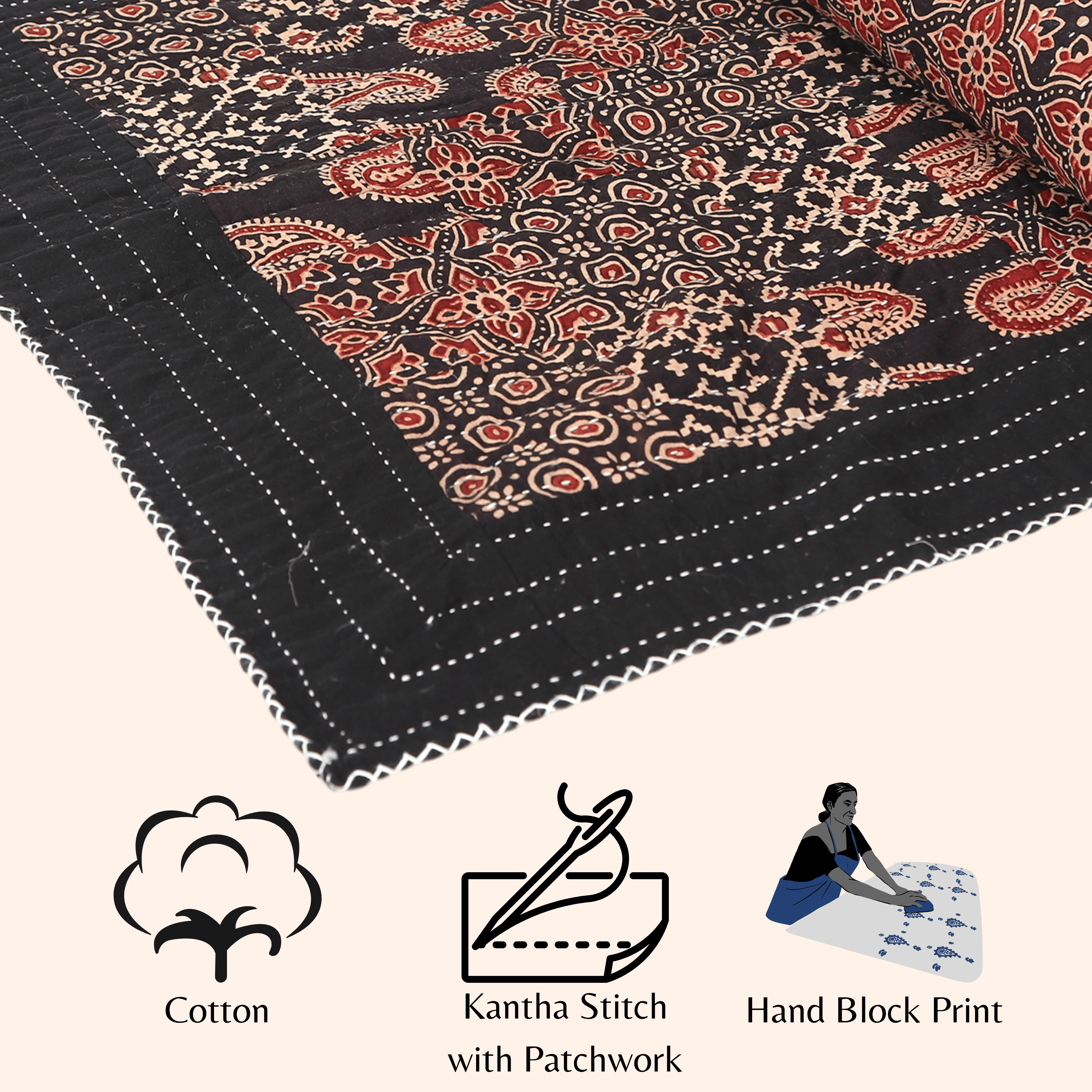 Vivanta Yoga Mat 72x24 inch Cotton Block Print Patchwork, Non Slip Exercise Meditation with Carry Bag