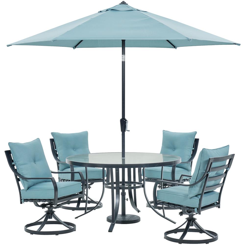 Hanover Lavallette 5-Piece Dining Set in Ocean Blue with 4 Swivel Rockers, 52-In. Round Glass-Top Table, Umbrella, and Base - image 3 of 13