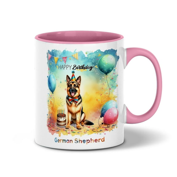 Happy Birthday to German Shepherd Kitten Party Balloons Cake 11oz Accent Two-tone Mug Alsatian Dog Lover Gifts Coffee Tea Cup - 00027
