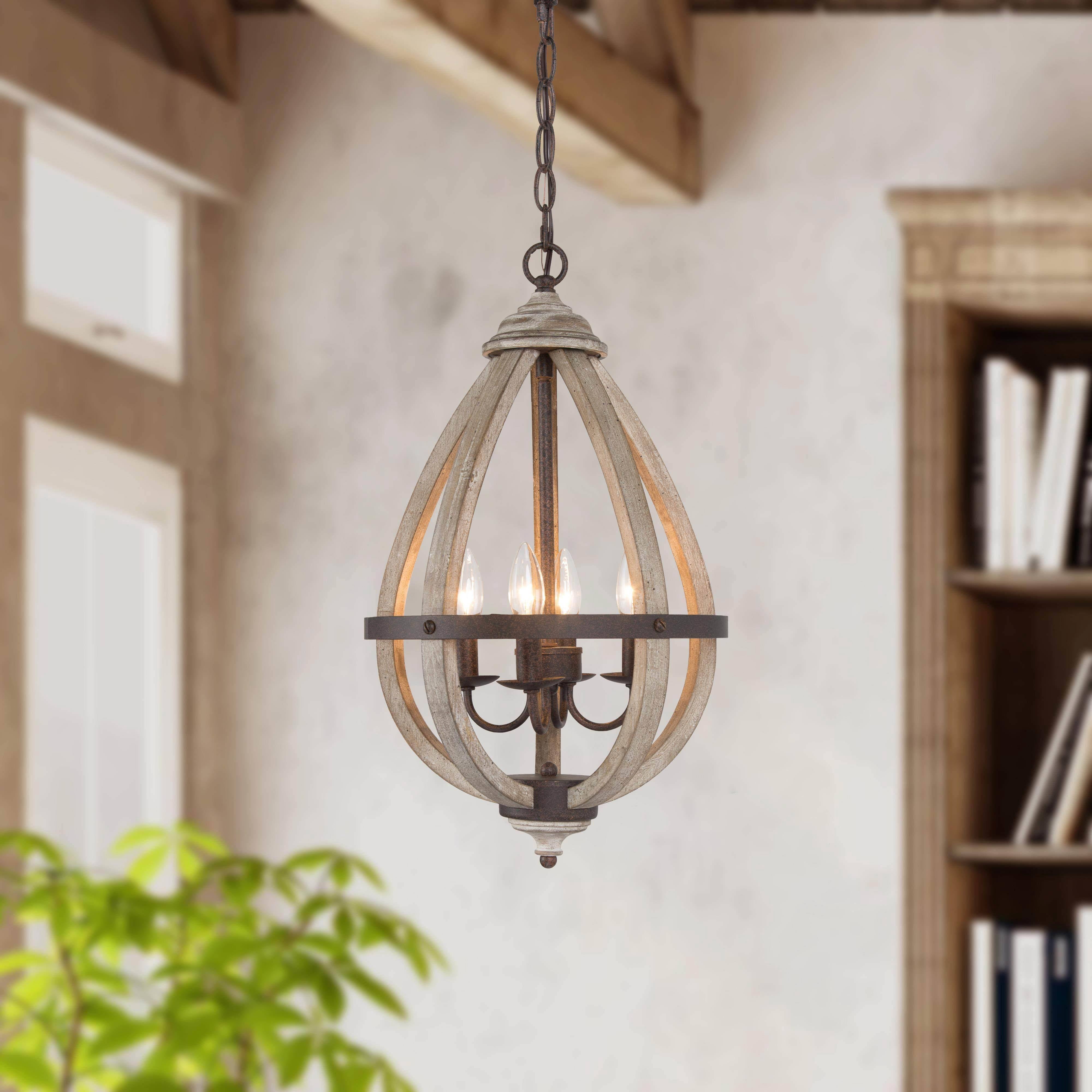 LNC 4-Light Rusty Bronze and Distressed Wood Farmhouse LED Kitchen Island Chandelier