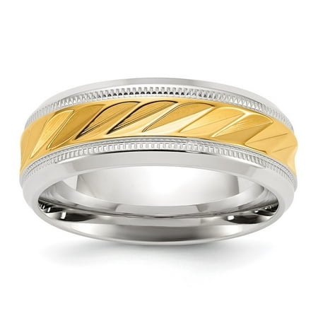 Auriga Fine Jewelry Stainless Steel Polished with Yellow IP-plated Grooved Center 8mm Men s Band Size 8