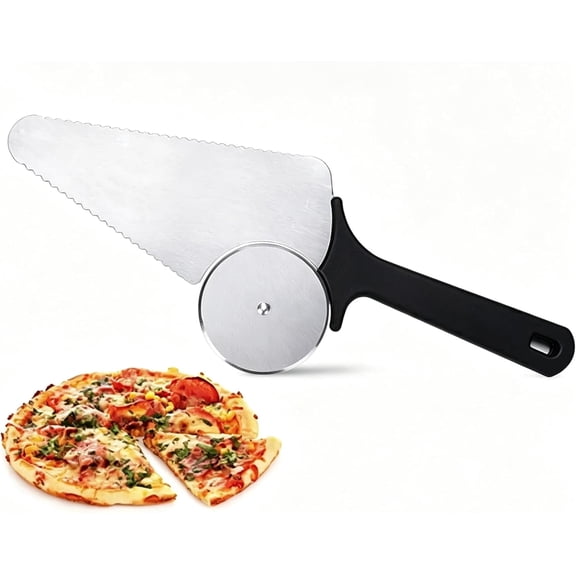 Premium 2-in-1 Wheel Type Pizza Cutter & Server, Stainless Steel Slicer with Serving Spatula for Pies, Cakes and Pastries