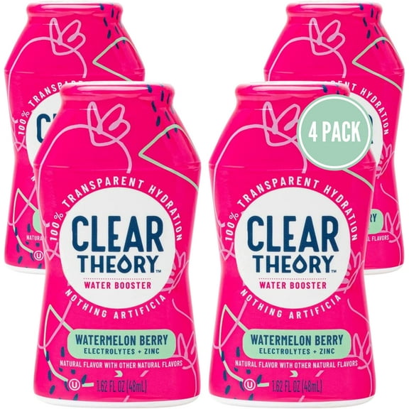 Clear Theory® Water Flavoring Drops, Electrolytes, Water Enhancer Liquid Flavored Drink Mix, Hydration for Kids, Vegan, Gluten Free, Low Calorie, Watermelon Berry, 4 Pack, 1.62 Fl Oz Bottles