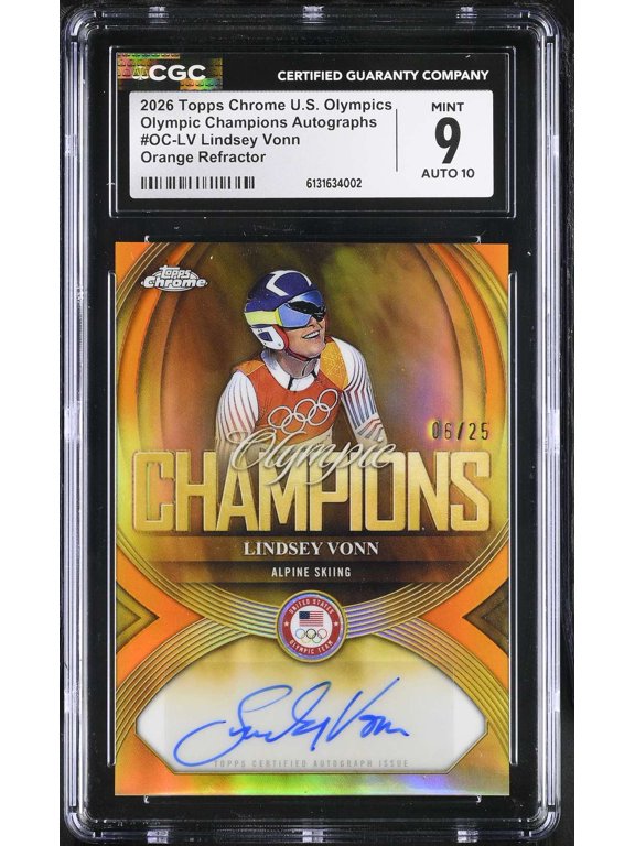 Collectible Graded 2026 Topps Chrome U.S. Olympics Orange Refractor Olympic Champions Auto OC-LV Lindsey Vonn CGC 9 Auto 10