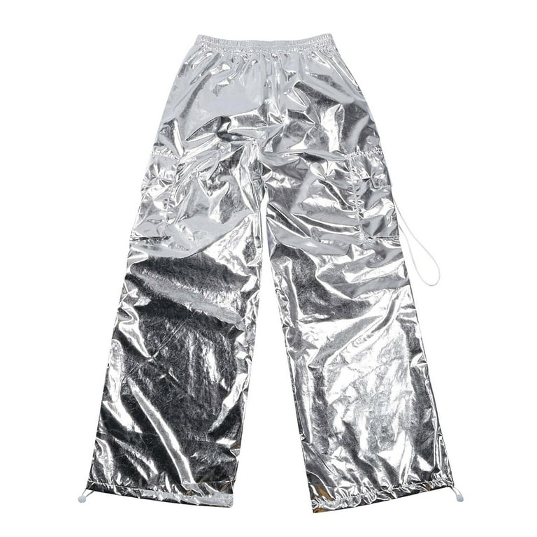 Hauaitttt Women Silver Glossy Pocket Cargo Wide Leg Straight Pants