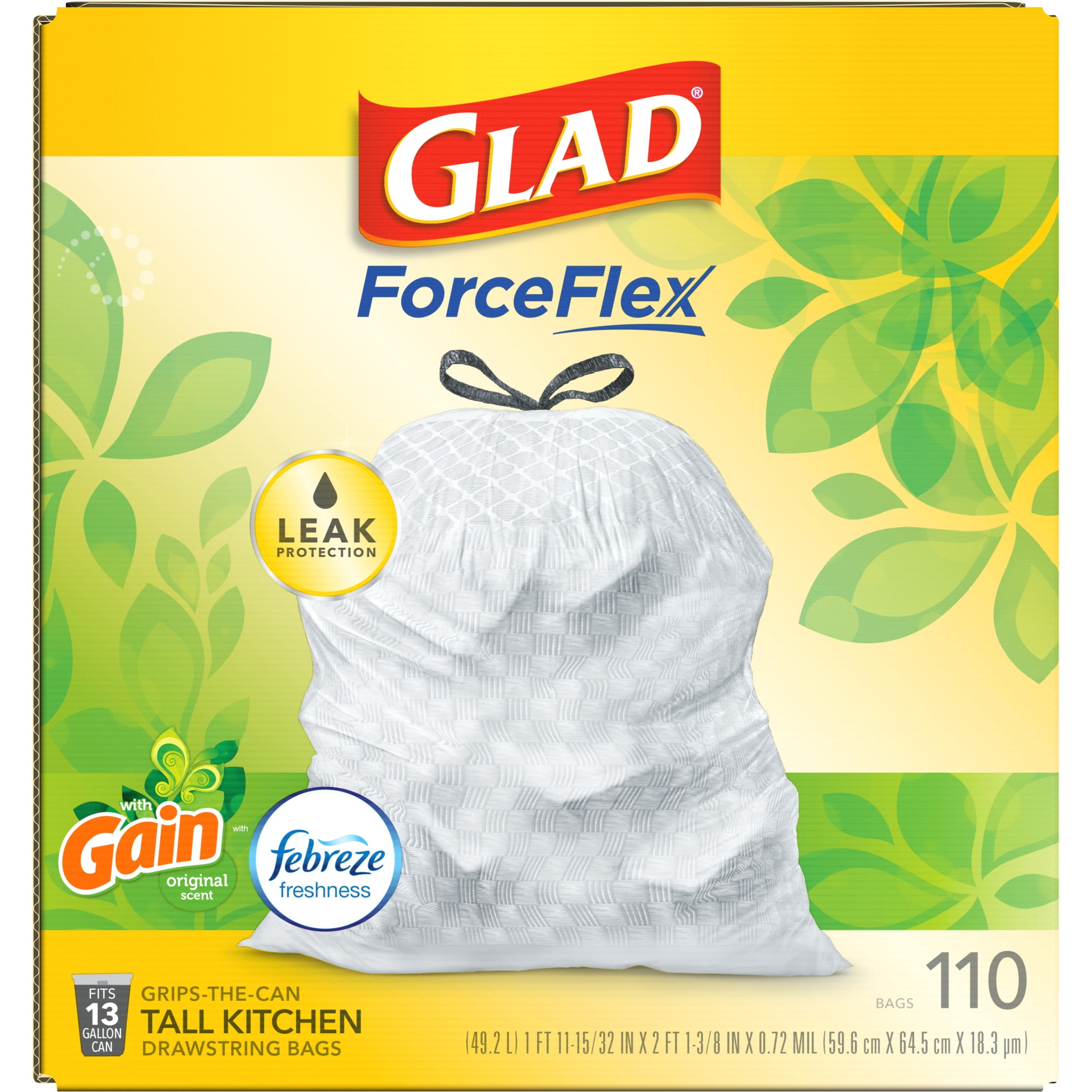  GLAD ForceFlex Tall Kitchen Drawstring Trash Bags, 13 Gallon  White Trash Bag for Kitchen Trash Can, Gain Moonlight Breeze with Febreze  Freshness and Leak Protection, 110 Count (Package May Vary) 