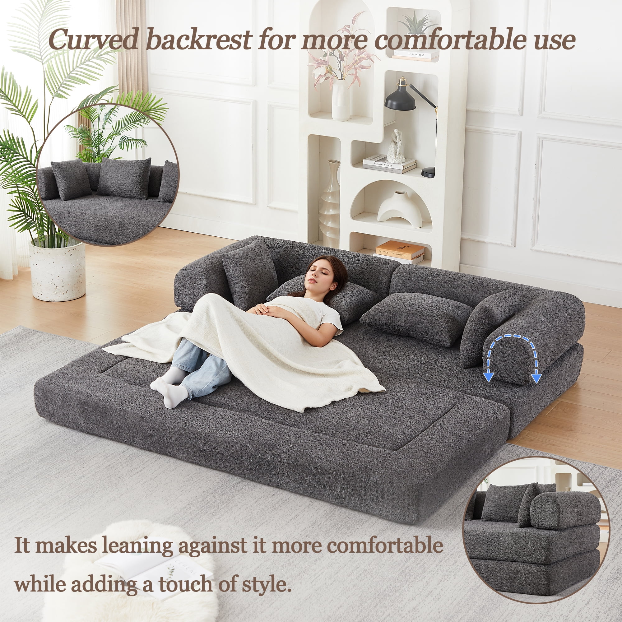 78.9inch Convertible Sleeper Sofa,Chenille Folding Mattress Sofa with DIY Removable Armrests,Floor Standing Lounge Sofa for Living Room Bedroom Small Space,Grey