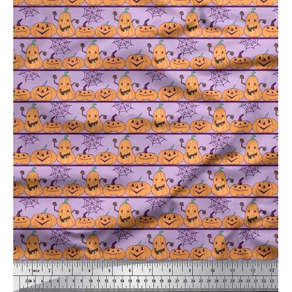 Soimoi Poly Georgette Fabric Spider Web & Pumpkin Halloween Print Fabric by The Yard 42 Inch Wide