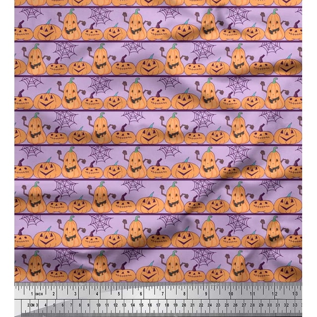Soimoi Polyester Crepe Fabric Spider Web & Pumpkin Halloween Printed Fabric 1 Yard 42 Inch Wide