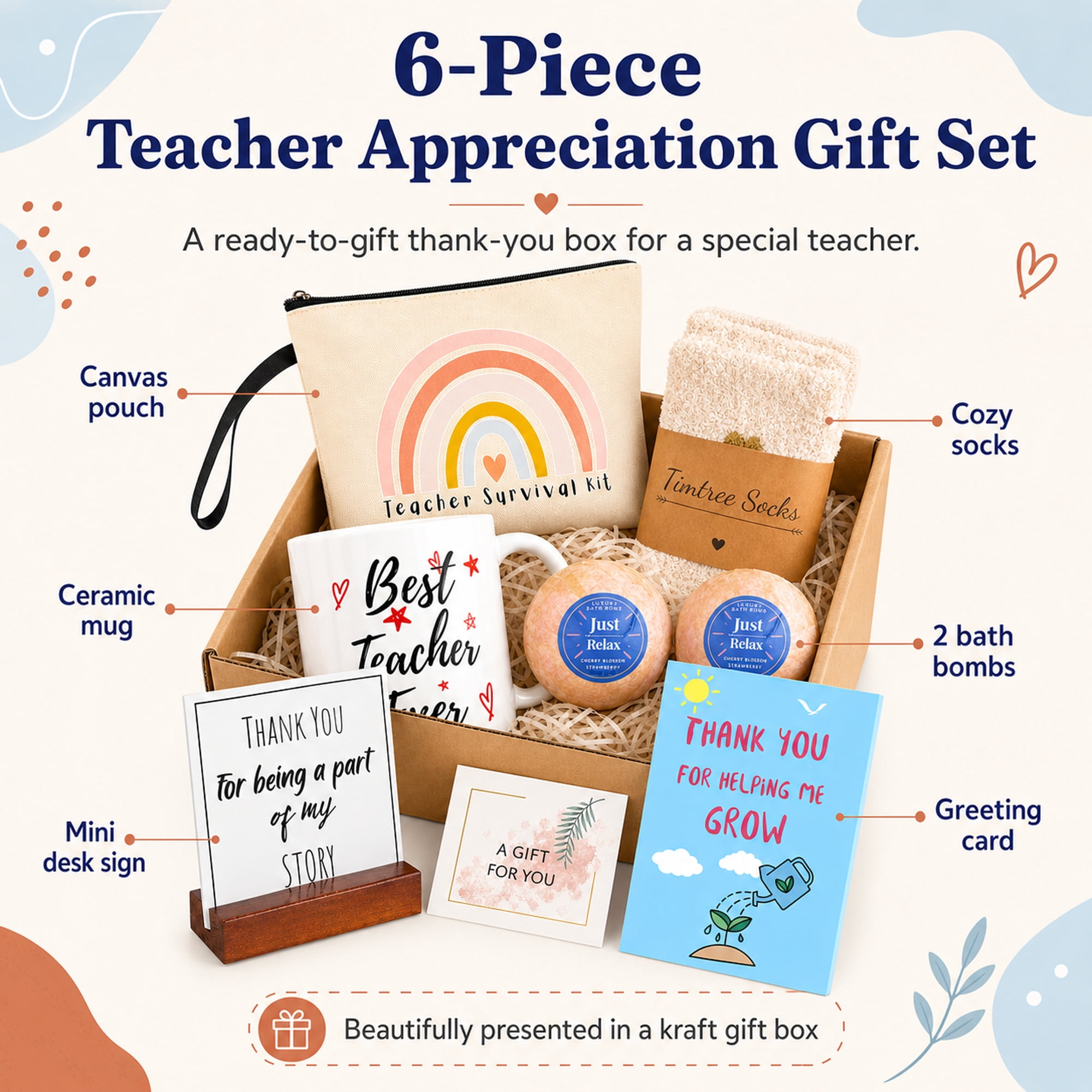 Teacher Appreciation Gift Basket Set, 6-Piece Thank You Gift Box with Travel Mug, Cozy Socks, Bath Bombs, Card & Gift Bag