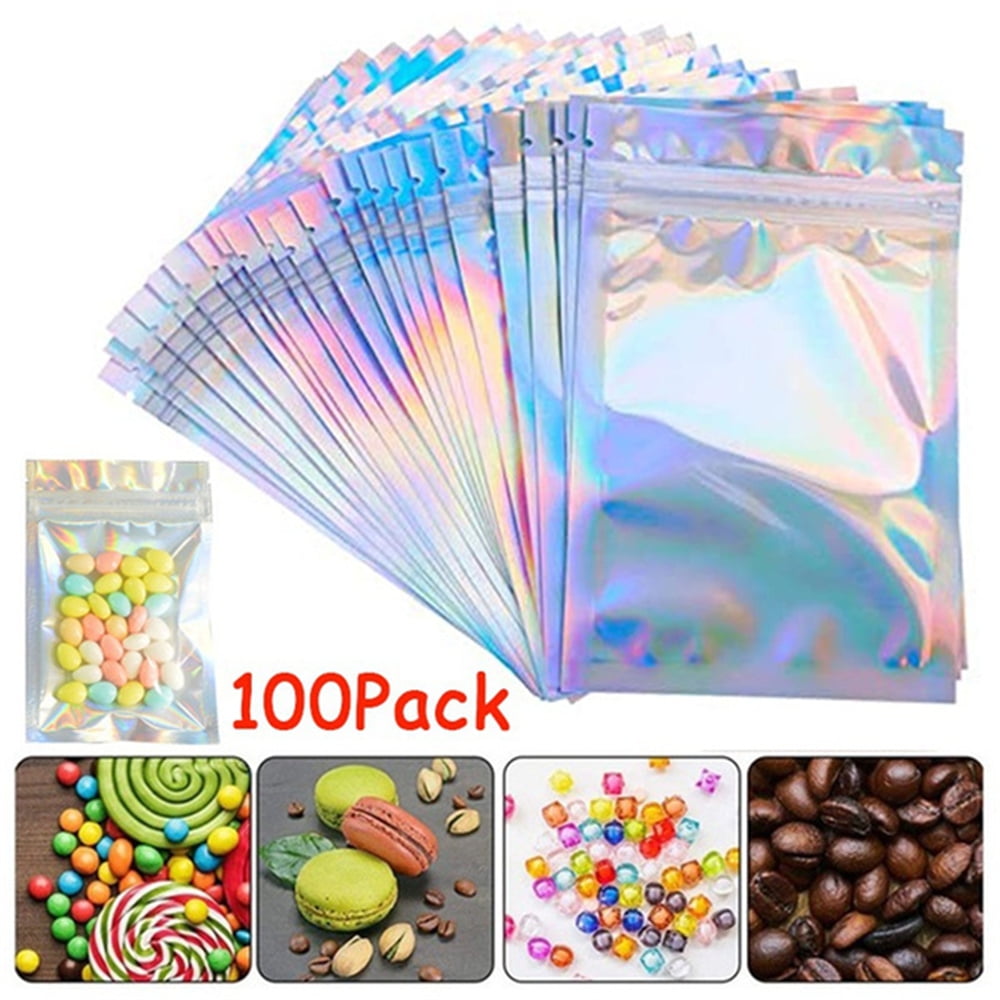 100Pcs Holographic Bags - 7x10CM Colorful Mylar Zip Lock Bags