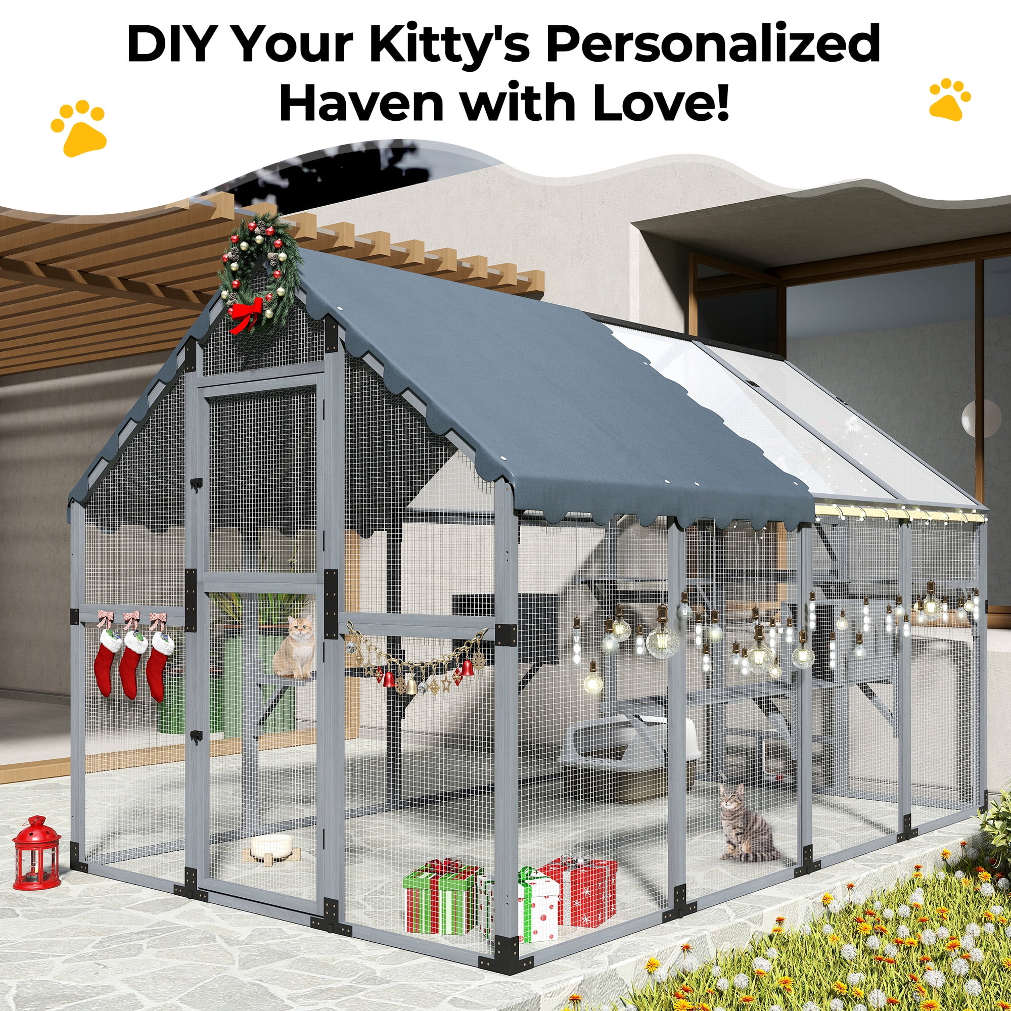 COZIWOW 108'' Super-Large Cat Catio Outdoor Wooden Cat Enclosure with Platforms, Condos, Bridges, Walk-in Door