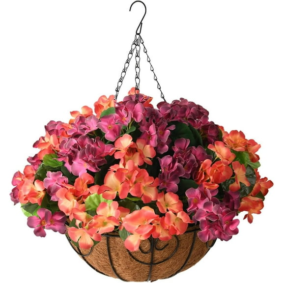 Artificial Flowers Hanging Basket for Outdoor Indoor Decor,Faux Silk Flower Arrangement,10 Branches Geranium with 12 Inch Coconut Lining Chain for Patio Decoration(Purple Orange)