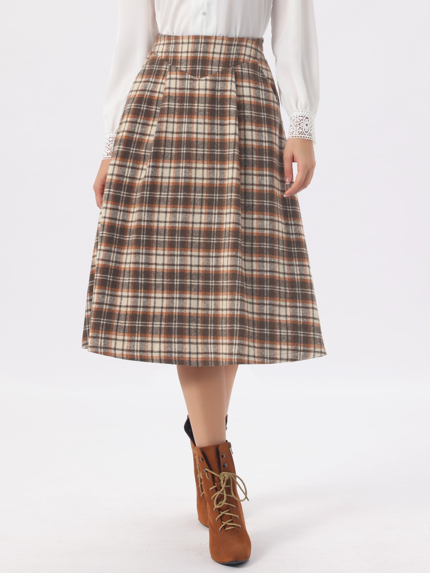 DARING DIVA Women's Midi A-Line Pleated Skirts with Pockets X-Large Brown