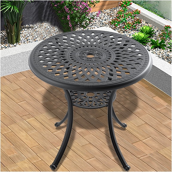JERFIT 30.71 Inch Round Outdoor Patio Dining Table with Umbrella Hole, All-Weather Cast Aluminum, Black