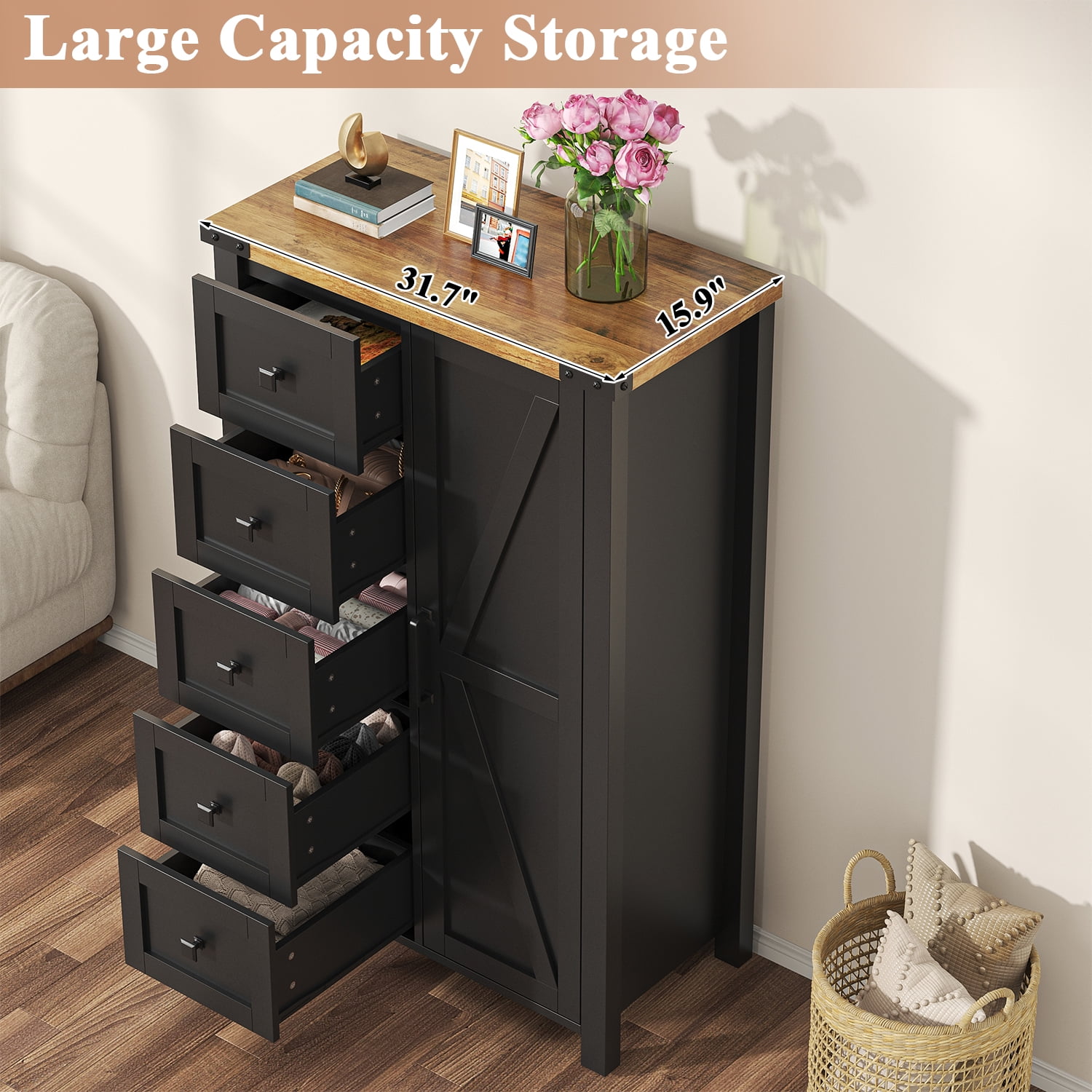 Frmobepts Farmhouse 5 Drawer Dresser with Barn Door, Adjustable Storage Cabinet for Bedroom Living Room, Black
