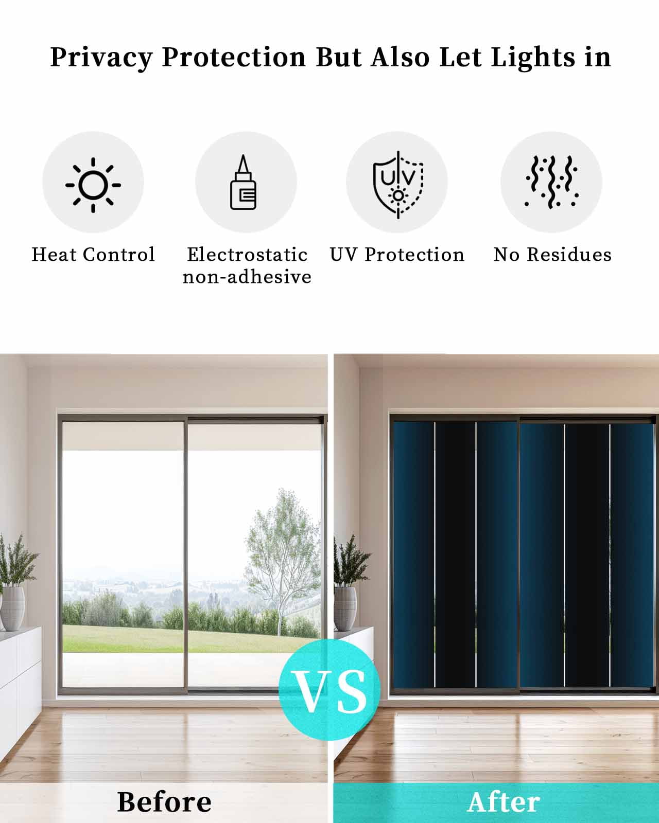 Window Privacy Film, Blue Black Ombre UV Sun Blocking Window Tint Film Heat Control One Way Blackout Window Film, Blue Gradient Abstract Modern Minimalism Art Non Adhesive Static Cling 23.6x59 In