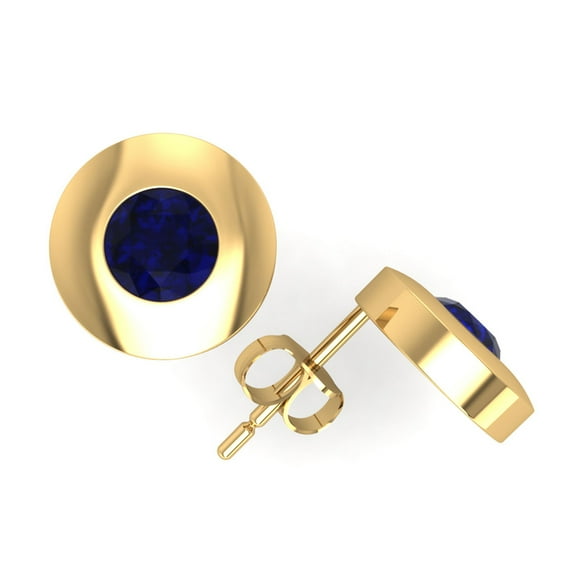 Genuine 0.50Carat Round Blue Sapphire Stud Earrings 18k Yellow Gold Bezel AAAA
