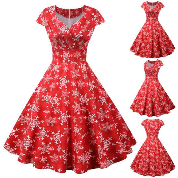 FcBaudy Short Sleeve Round-Neck Dress,Womens Dresses,Summer Dresses for Women Women Short Sleeve V Neck Christmas 1950s Housewife Evening Party Prom Dress Women Dress