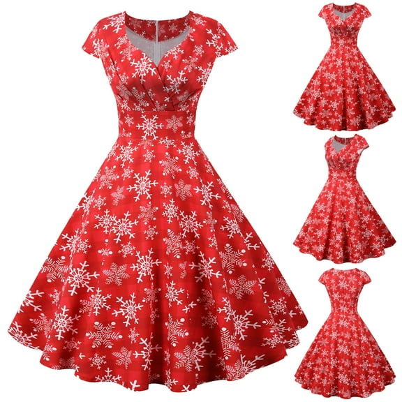 BLTIBY 2024 Women's Christmas Dress Xmas Snowflake Printed 1950s Rockabilly Swing Dresses Short Sleeve Round Neck Lace Cocktail Prom Party Dress Outfits Red L