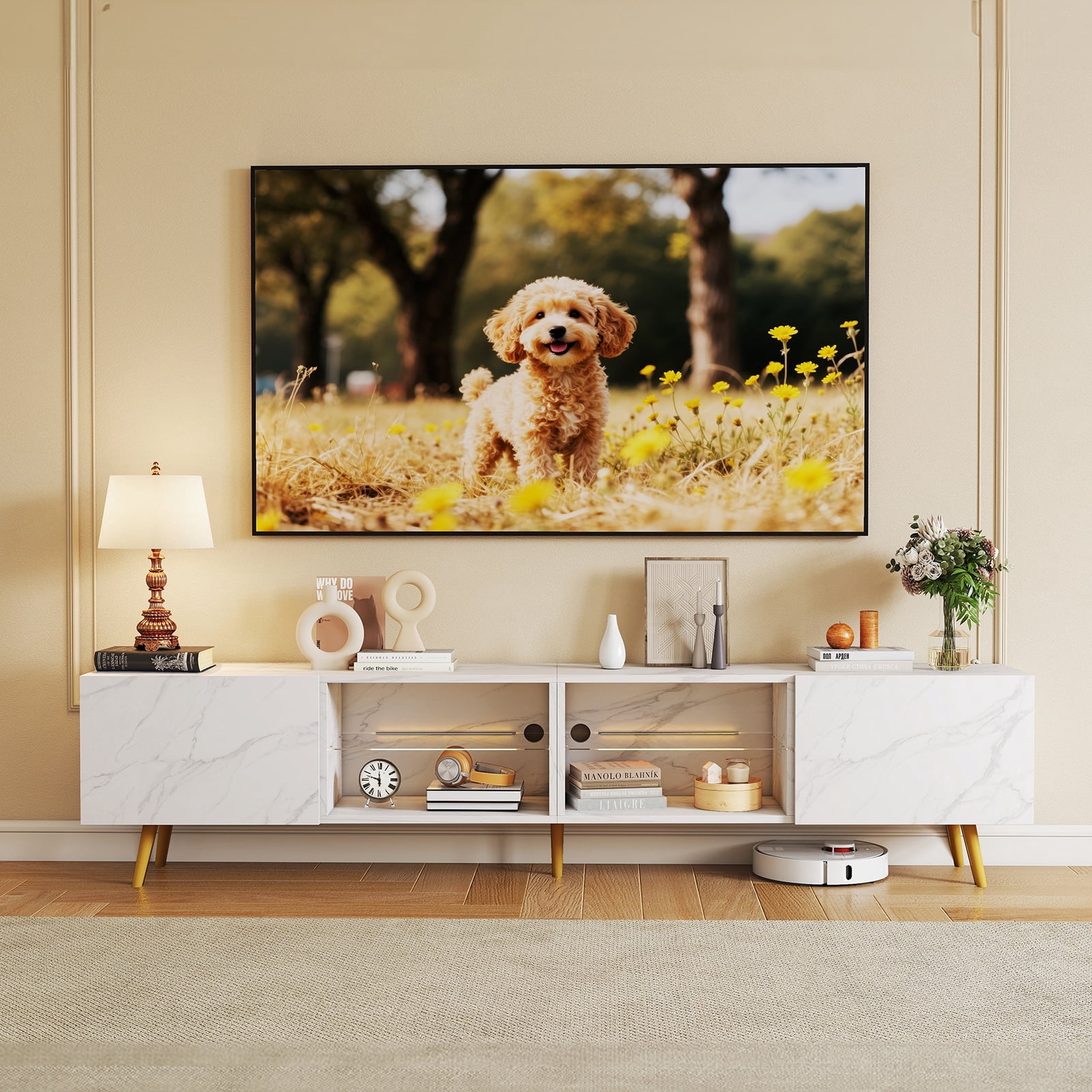 Bonzy Home 86" TV Stand, Television Console Table for 85" TV, Modern Entertainment Center with Storage Cabinets for Living Room