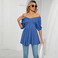 thumbnail image 2 of Defitshape Women's High T Shirt V Neck Top Short Sleeve Cotton Loose Crop Transformer Holiday One Shoulder Shirt Blue Medium, 2 of 4