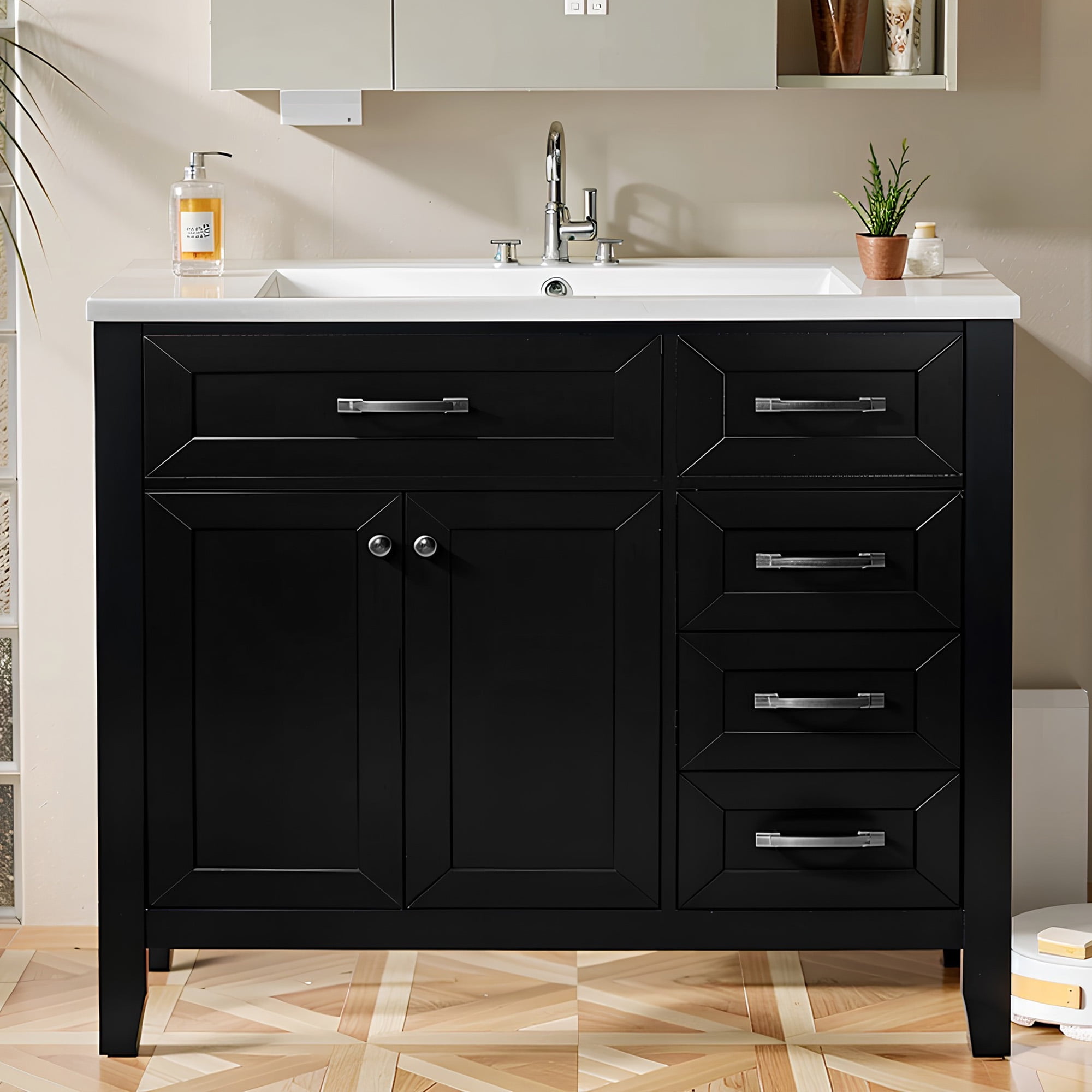 Soges 36" Bathroom Vanity with Sink Combo, Solid Wood Bathroom Makeup Cabinet with Door, Adjustable Shelf and 5 Drawers, Free Standing Single Basin Vanity Set, Durable & Easy to Clean, Black