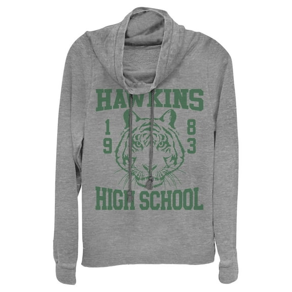 Netflix Junior's Stranger Things Hawkins High School Tiger 1983 Cowl Neck Sweatshirt Gray Heather Large