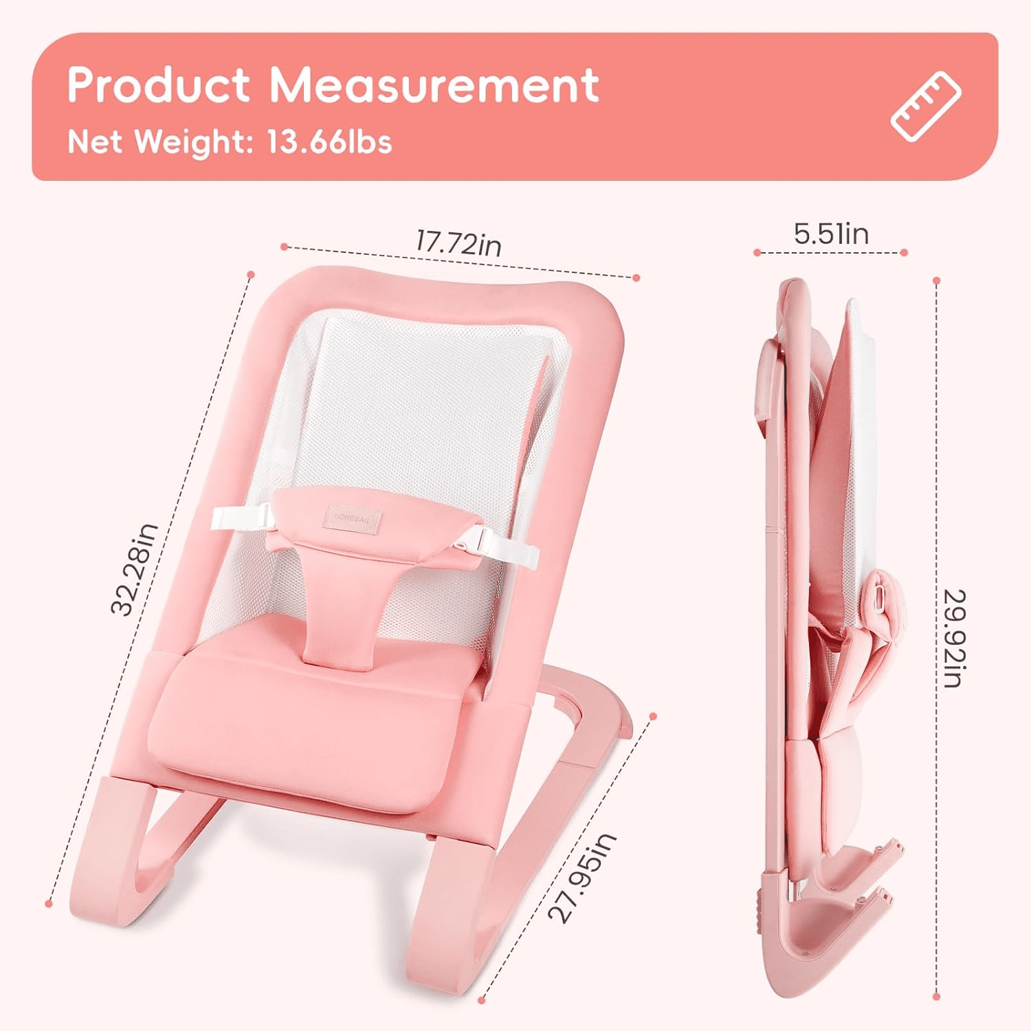 Portable Baby Bouncer Seat for Infants, Adjustable Baby Chair with 3-Point Safety Harness, Lightweight Foldable Design for 0-18 Months, Supports Up to 60 lbs, Pink