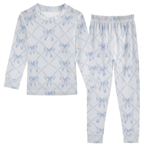 joogoo Bows Checkered Blue 2 Piece Long Sleeve Tee and Pants Cotton Pajama Set 5Y