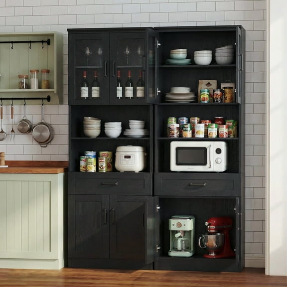 Homieasy 79.7" Tall Kitchen Pantry Storage Cabinet, Freestanding Kitchen Hutch Cabinet with Glass Door, Adjustable Shelves and Drawer, 2 Pack, Black