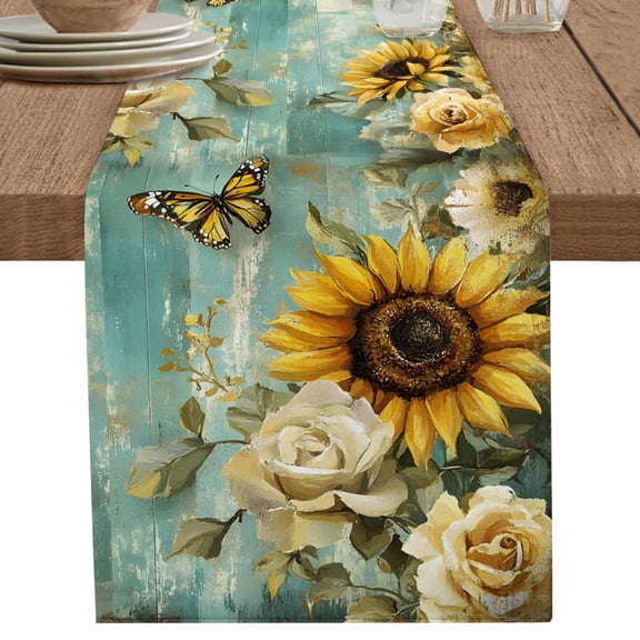 nqOlkjepod Spring Sunflower Rose Table Runner 72 Inches Long Farmhouse Dress Scarves, Butterfly Teal Wood Vintage Dining Tablerunner for Coffee Table/Kitchen Island/Party Décor, 14" x 72"