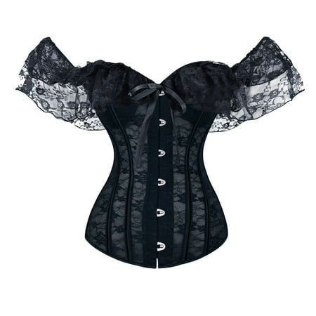 BYHONG Women Lace Up Vintage Boned Bustier Corset with Garters Lace Up Boned Overbust Corset Bustier Lingerie Bodyshaper Corset Tops for Women Black Corset Dress for Women S