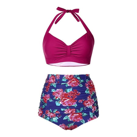 Hessimy High Waisted Bikini Set for Women Two Piece Tummy Control Vintage Swimsuit Retro Halter Bathing Suit with Bottom(Pink M)