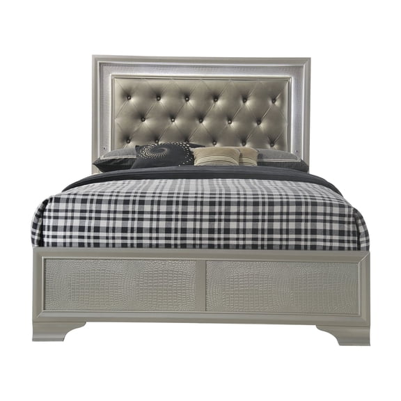 Modern Queen Upholstered Bed Frame with LED Headboard, Champagne Faux Leather, Diamond Tufting, Platform Bed with Backlight
