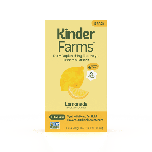 KinderFarms Daily Hydration Electrolyte Drink Mix for Kids, Lemonade, 8 count