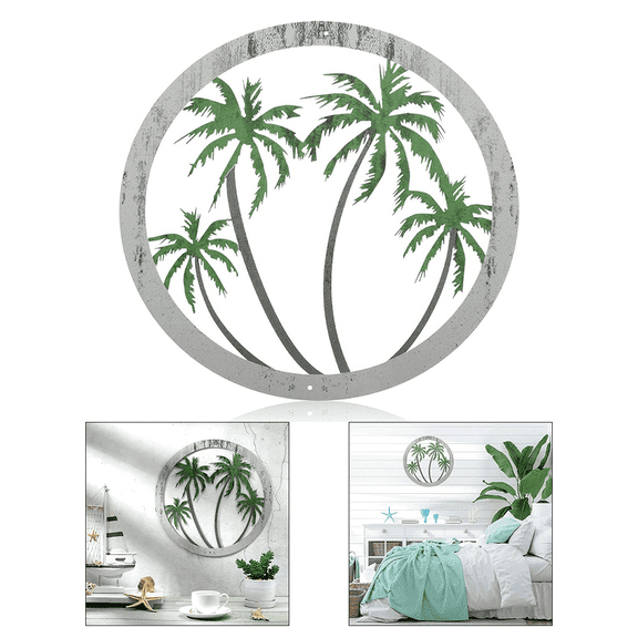 Metal Palm Tree Wall Art Beach Bathroom Palm Tree Wall Decor Green Round Tropical Wall Decor Outdoor Coastal Wall Decor Metal Palm Tree Decor for Home Bedroom Living room Garden Supplies