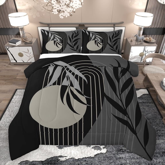 Homewish Tree Leaves Bedding Comforter Set 2pcs for Boys Girls,Minimalist Geometric Stripes Lines Twin Comforter Sets Microfiber,Retro Vintage Aesthetic Breathable Bedding Set