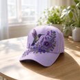 thumbnail image 3 of Purple Floral Hummingbird Alzheimer's Awareness Support Hat | Pansy Print, Purple Ribbon, Unisex, Purple Floral Hummingbird Print Cap, 3 of 6