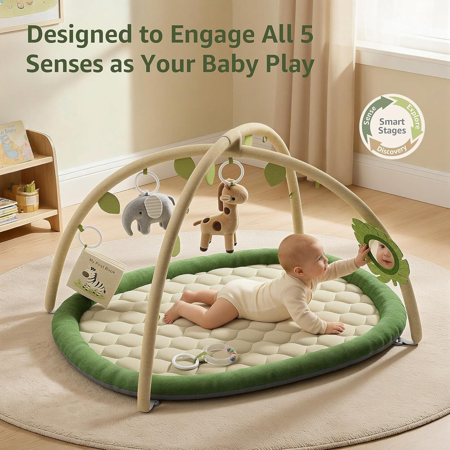 Gym & Activity Mat, Mat with 5 Detachable Toys, Promotes Motor Skills & Sensory Development, Tummy Mat for to Toddler, Essentials Shower Gift, Green