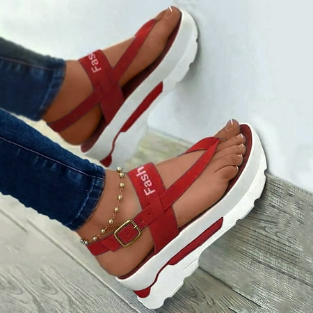 

XIAQUJ Ladies Fashion Flock Wedge Heel Pinch Toe Platform Buckle Roman Sandals Sandals for Women Red 8.5(40)