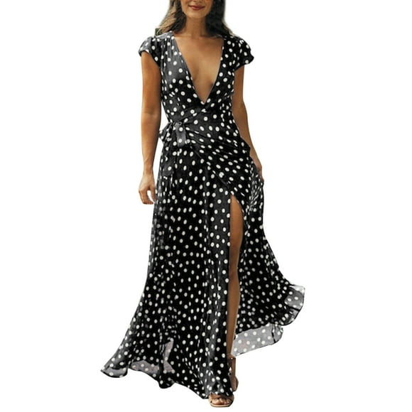 Leutsin Women’s V Neck Wrap Vintage Polka Dot Short Sleeve Split Beach Maxi Long Plus Size Maxi Dresses