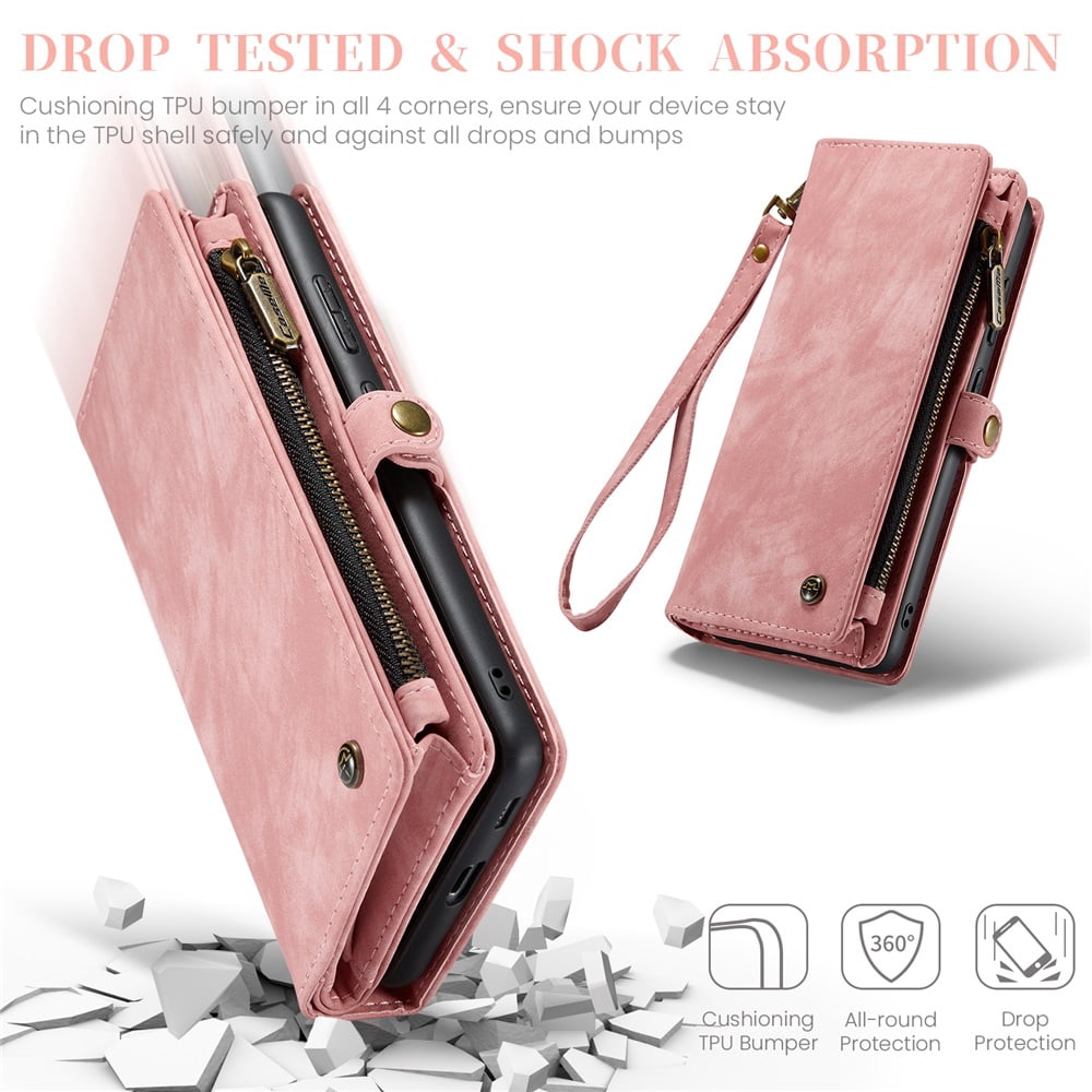 CaseMe Leather Case for Samsung Galaxy S23 FE 5G,2 in 1 Detachable Wallet Case with 8-Card Holder Zipper Bills Slot,Magnetic Shockproof Flip Leather Cover Zipper Pocket Phone Cases,Pink