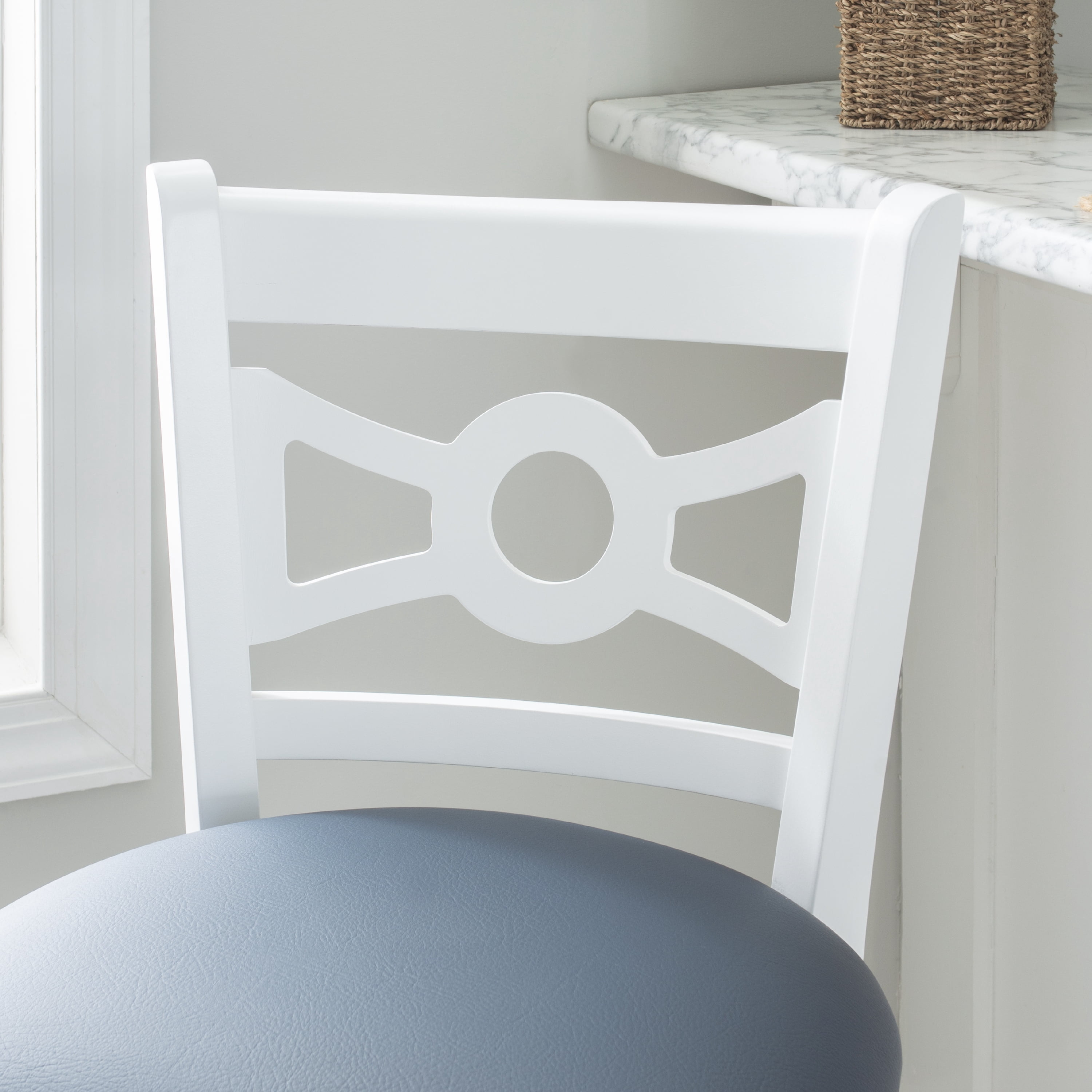 Linon Tabitha 31" Bar Stools, Classic White Finish with Navy Faux Leather, Set of 2