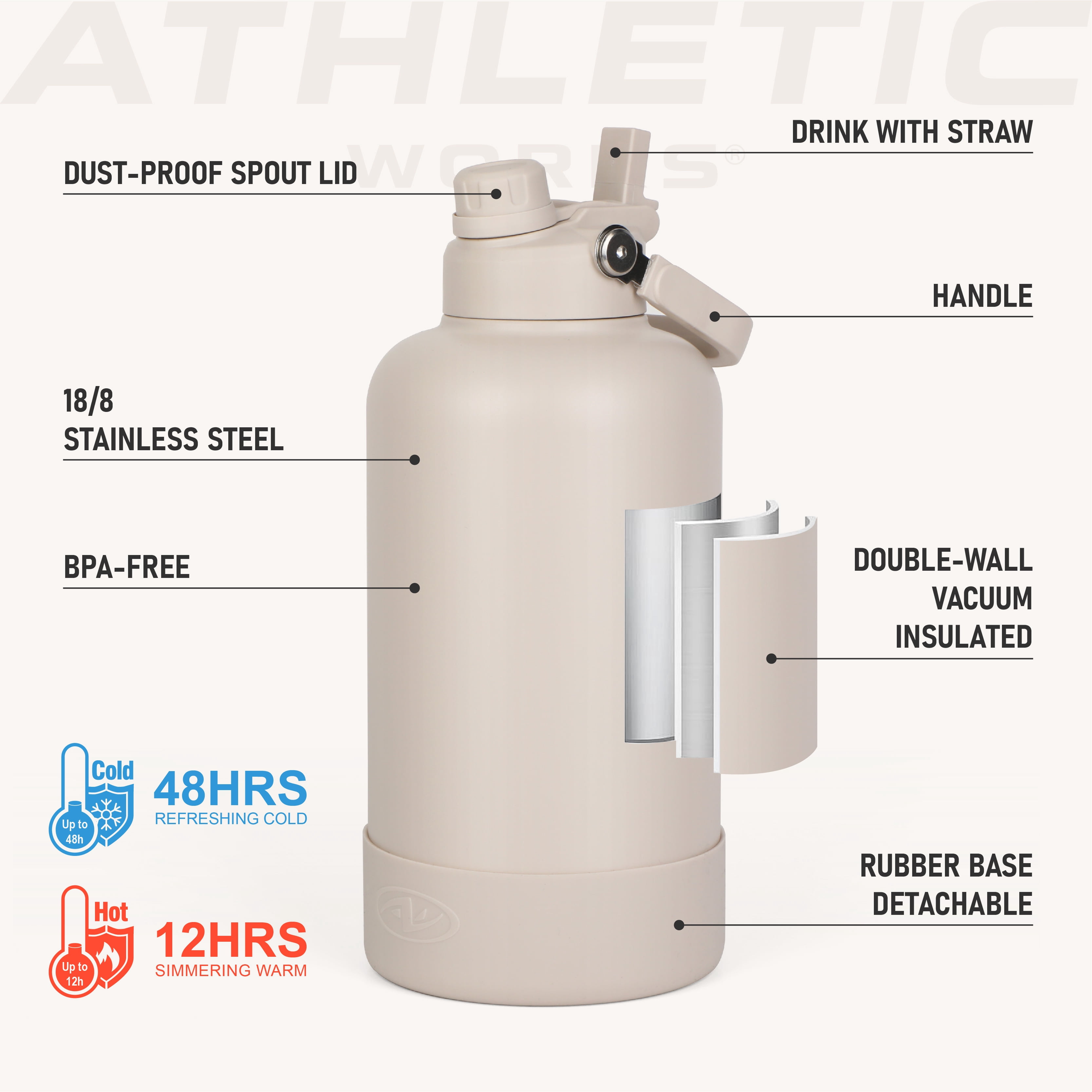 Athletic Works 64 oz Vacuum Insulated Stainless Steel Water Bottle with Carry Handle, Cream
